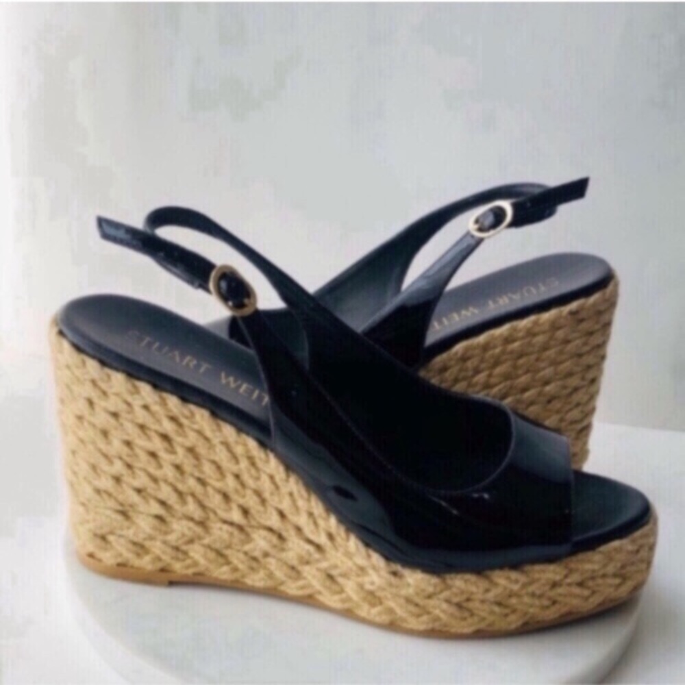 STUART WEITZMAN Island Espadrille Black Patent Leather Platform Slingback Wedges